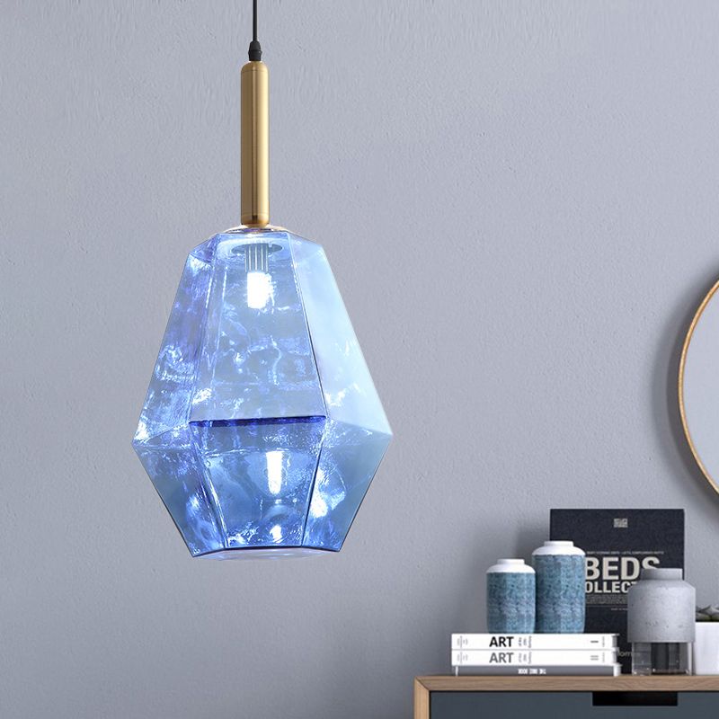 Diamond Blue Glass Hanging Light Kit Contemporary 1 Light Brass LED Pendant Light Fixture