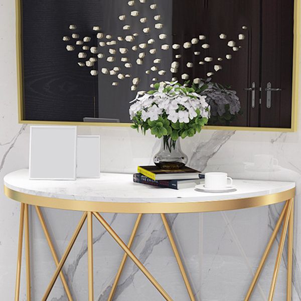 Contemporary Marble Console Sofa Table Half Moon Iron End Table for Hall