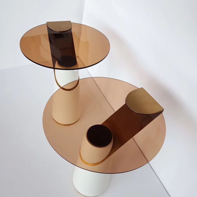 Round Glass Top Side Table 23.62" Tall Leather Pedestal End Table