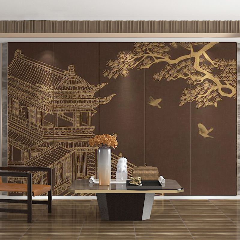 Nostalgic Mural Brown Garret and Tree Living Room Wall Covering, Full Size