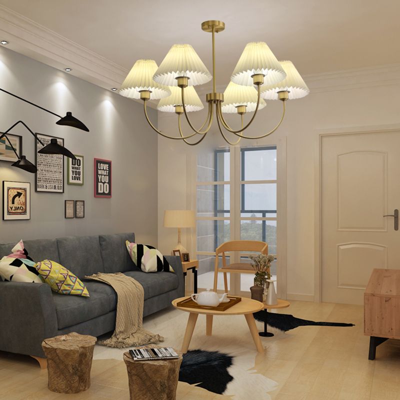 Country Style Living Room Chandelier Retro Fabric Conical Pendant Light Fixture in Brass