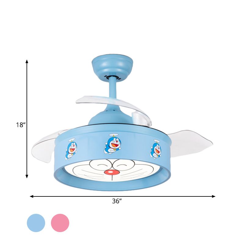 Ventilador de techo de dormitorio LED de 36 "W Luce Niños Pink/Blue 3 Lámpara de semi Flush Lámpara con tono de metal de tambor Patrón de gato de dibujos animados