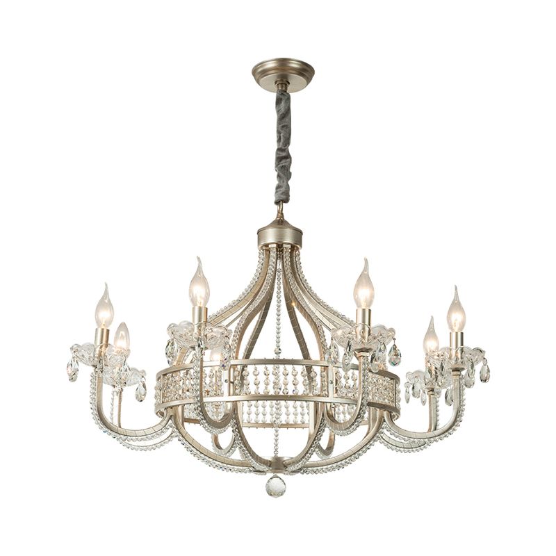 Circular Suspension Pendant Light Traditional Nickel Metal Hanging Chandelier with Crystal Strands