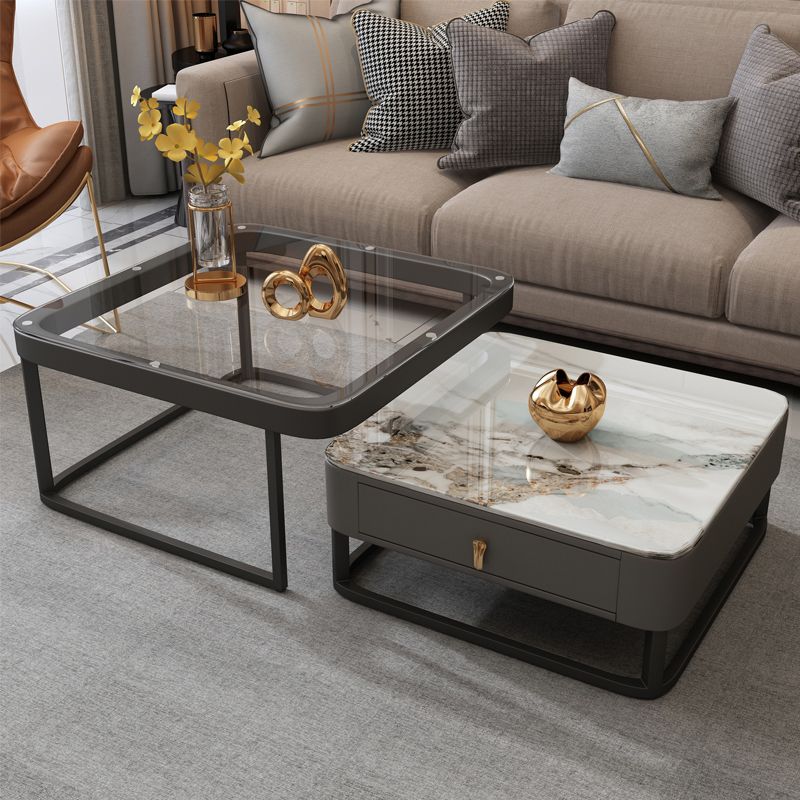 Coffee Table with a Framed Base and a Glass Top Made of Square Slate
