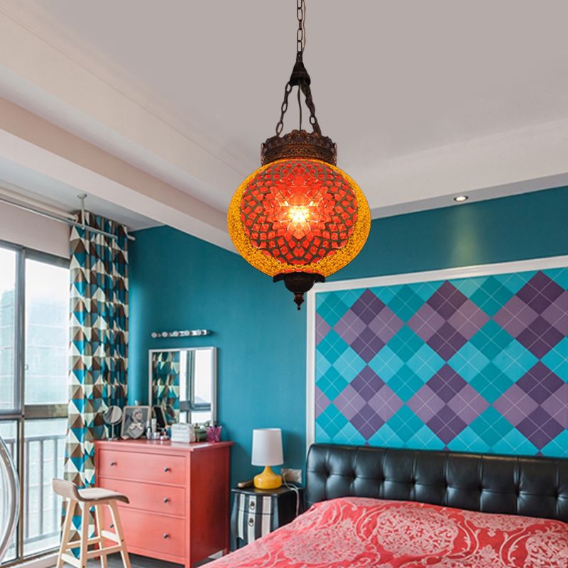 Turkish Globe Hanging Pendant 1 Head Handcrafted Art Glass Suspended Lighting Fixture in Blue/Orange Red