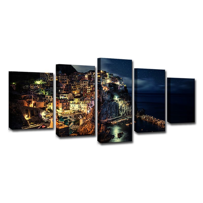 Cinque Terre Night View Canvas Black Glam Wall Art Print for Sitting Room, Multi-Piece