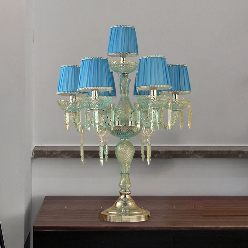 Kristalblauw nachtkastje lamp kandelaar 5/6/7 bollen traditionele slaapkamer tafellicht met vat stof schaduw