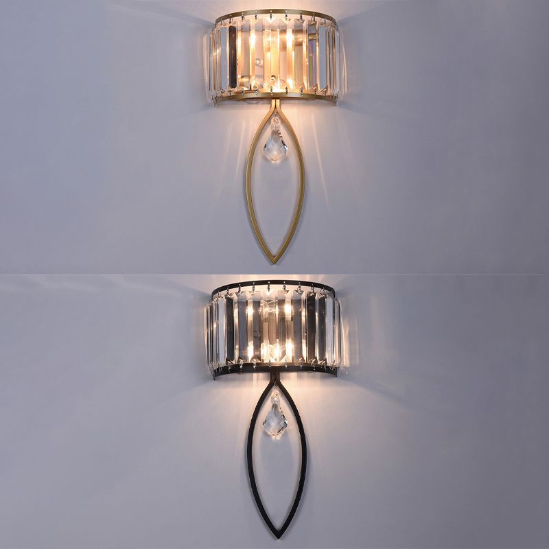 2 - Light Wall Light in Black / Gold Finish Iron and Crystal Wall Sconce