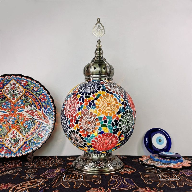 1 tête tachée d'art tachée lampe de table traditionnelle blanc / rouge / jaune globe de nuit.