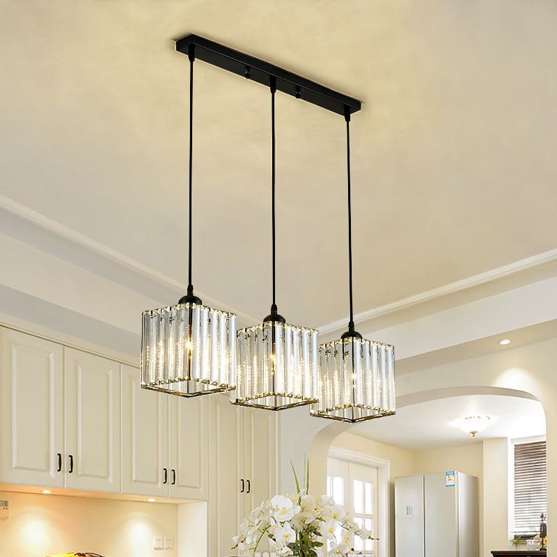 Modern Pendant Lighting Fixture Black Cylindrical Suspension Light with Crystal Shade