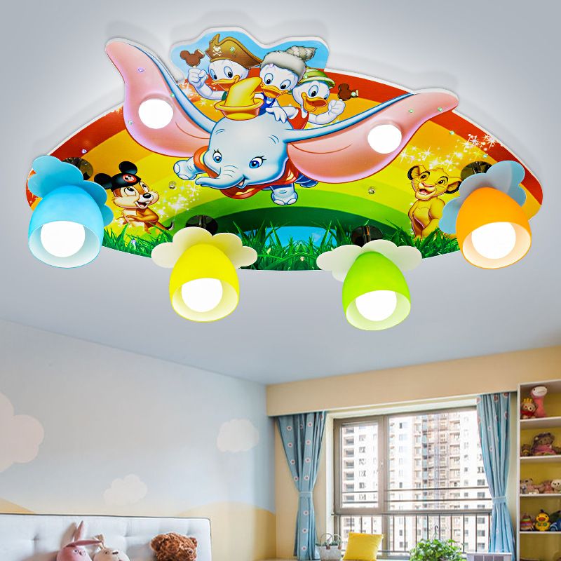 Cartoon-Regenbogen-Deckenleuchte mit großem Elefantenohr aus Holz, mehrfarbige Deckenleuchte für Kinderzimmer