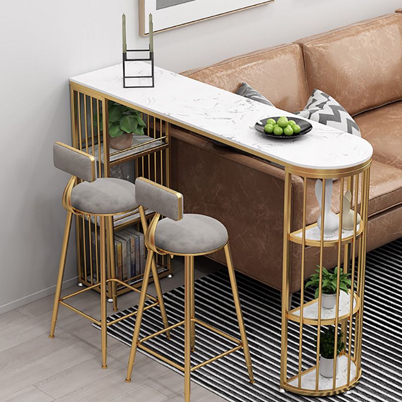 Glam Style Upholstered Barstool Round Bar Height Stool with Gold Frame