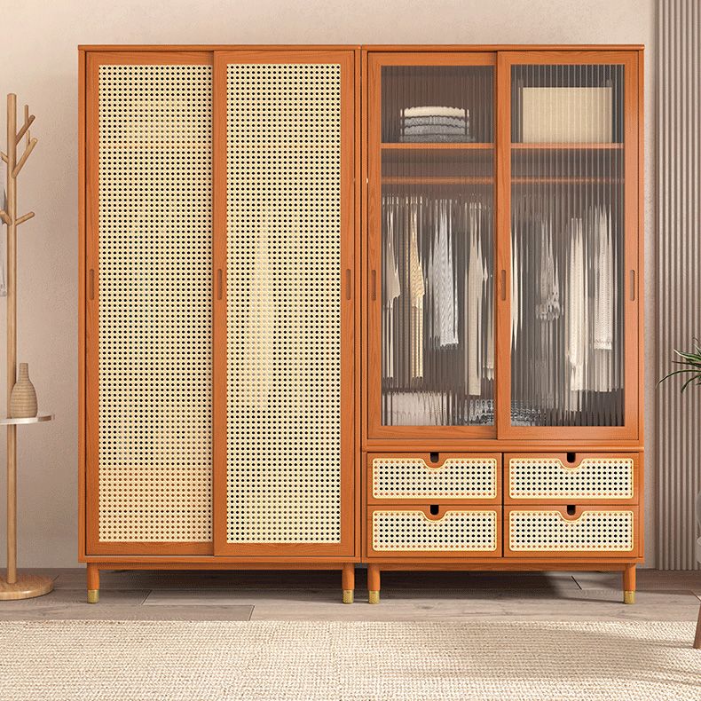 Contemporary Solid Wood Wardrobe Cabinet 2 Sliding Doors Sliding with Drawer