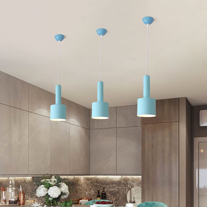 2-Layer Tube Metal Hanging Light Kit Macaron 1 Light Blue Finish Ceiling Pendant Lamp over Table