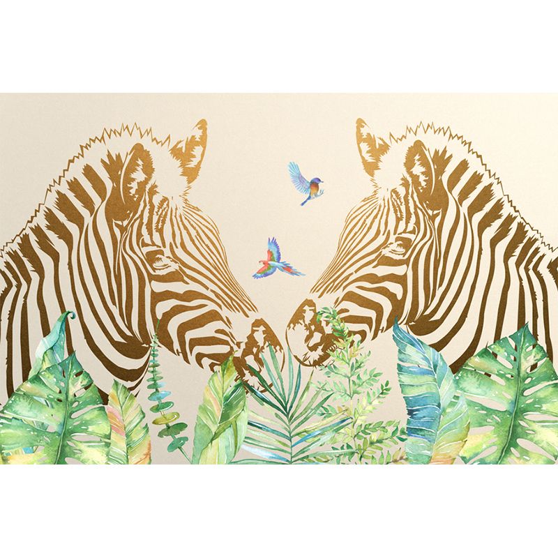 Modern Twin Zebras Murals Wallpaper Yellow-Green Waterproof Wall Art for Bedroom
