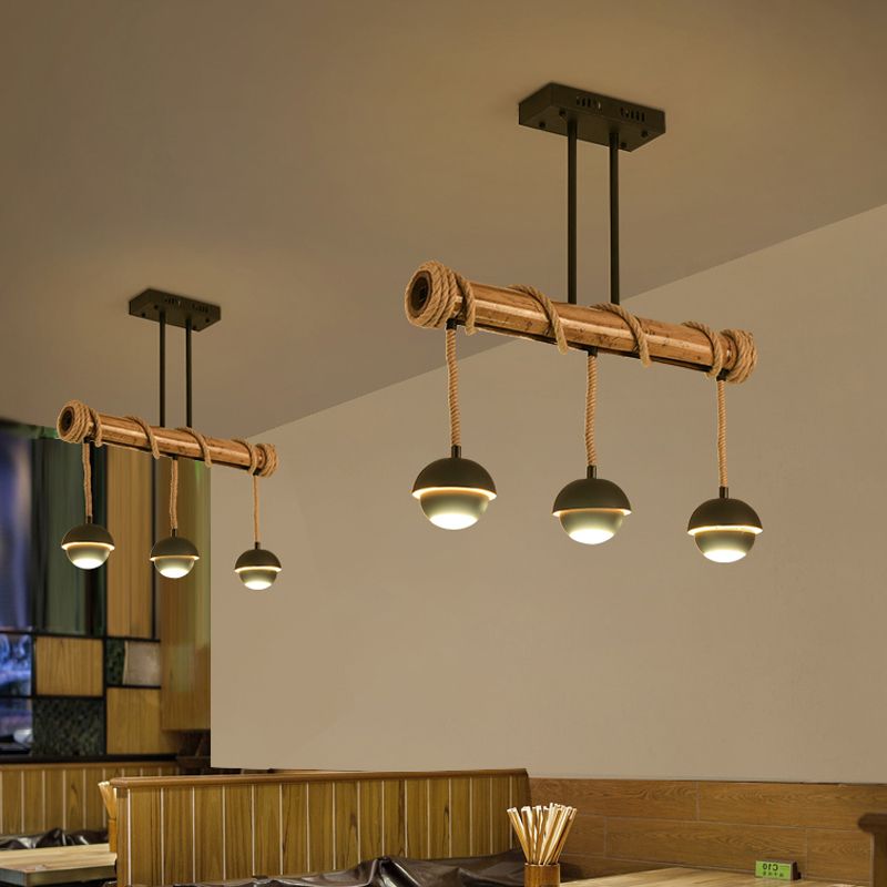 Industrial Linear Island Chandelier 2/3/6 Bulbs Iron Pendant Lamp in Black with Bamboo Tube and Rope, Warm/White Light