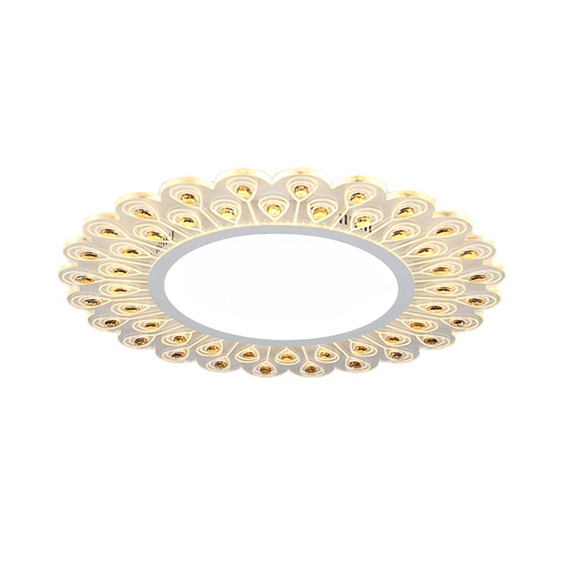 Runde Deckenleuchte aus klarem Kristall, moderne weiße LED-Einbauleuchte mit Pfauenschwanz-Design in warmem/weißem Licht, 14"/19,5" B