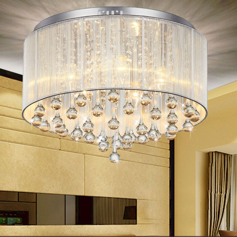 Silver Flush Mount Drum Light Contemporary 6-Light Crystal Bedroom Flush Mount Fixture