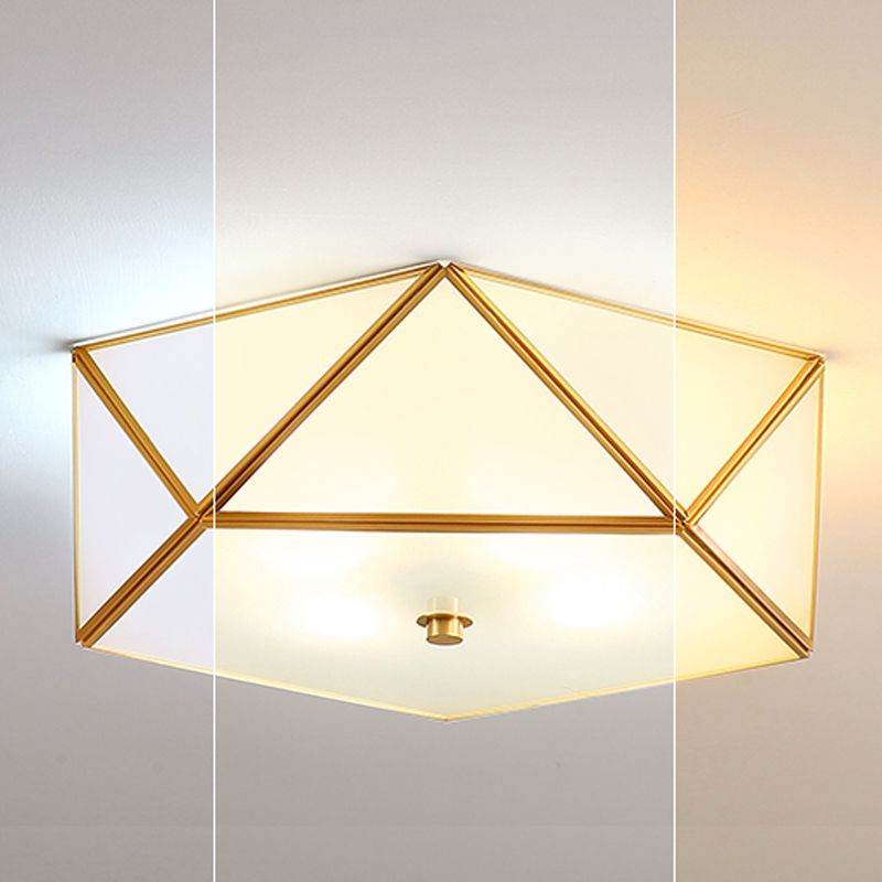 Lámpara de techo geométrica de cobre, montaje empotrado de vidrio esmerilado de estilo colonial para dormitorio