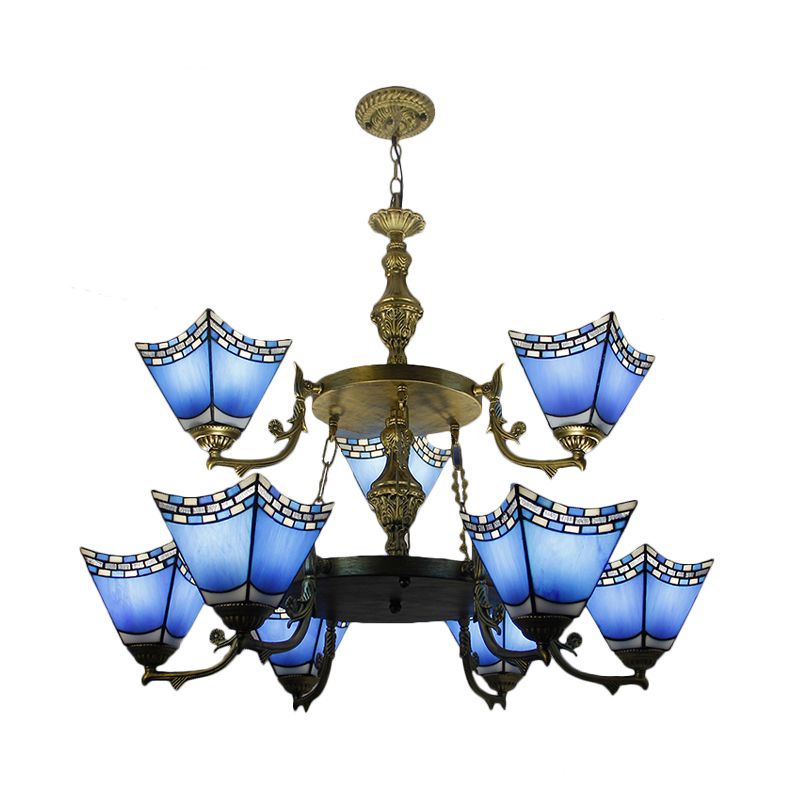 Lámpara colgante de pirámide náutica, 2 niveles, vidrio azul, 9 luces, lámpara con cadena de metal en azul