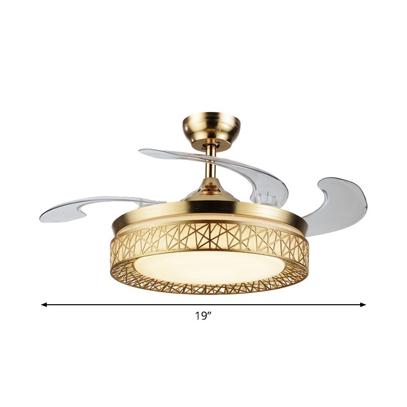 Gouden nestvormige 4 messen semi-flush mount eenvoudige led metallic plafondventilator licht, 19 "breed