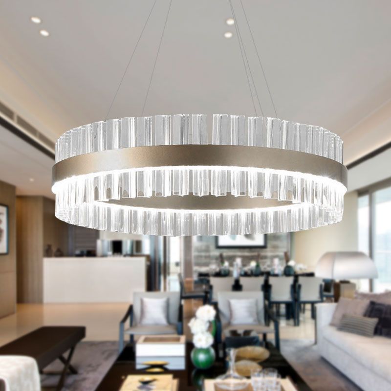 16"/24"/32" Wide Round Pendant Lighting Modern Clear Crystal 1 Light Gold Hanging Lamp in Warm/White Light for Dining Room