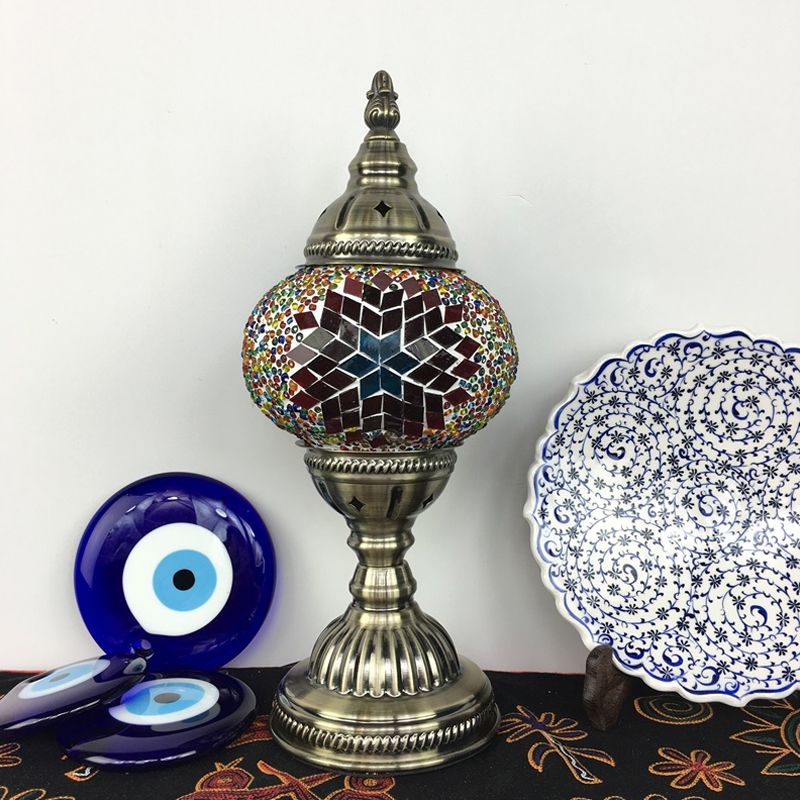 Single Night Stand Light Turkish Bedroom Table Lamp with Spherical Yellow/Red/Blue Glass Shade in Bronze