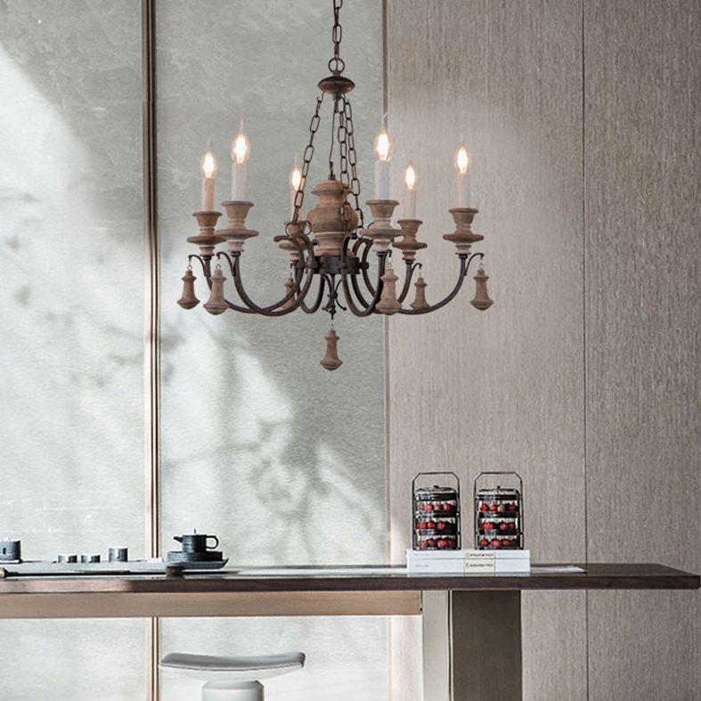 Wooden Brown Chandelier Candle Style 6-Light French Country Suspension Light