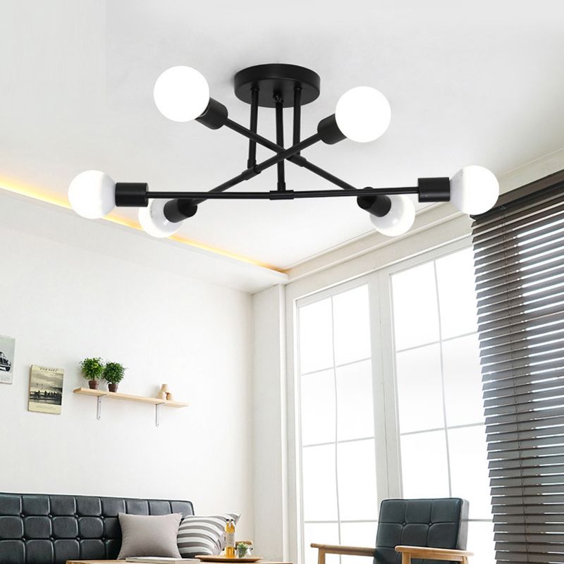 6-Lights Industrial Style Ceiling Lamp Metal Linear Arm Bare Bulb Flush Mount Lighting Fixture for Bedroom Living Room