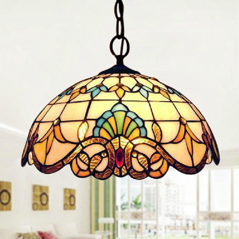 Baroque Stained Art Glass Hanging Lamp Kit Bowl Shape Ceiling Pendant Light for Hallway
