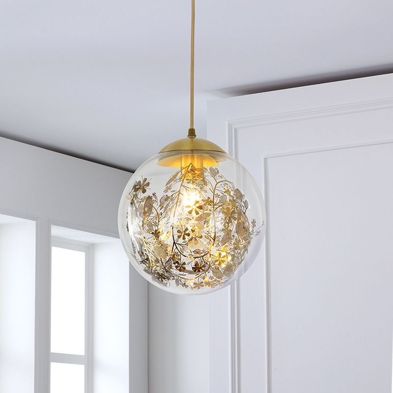 Yellow Ball Pendant Lamp Modern 1-Head Clear Glass Ceiling Light with Inner Shattered Leaves Decoration