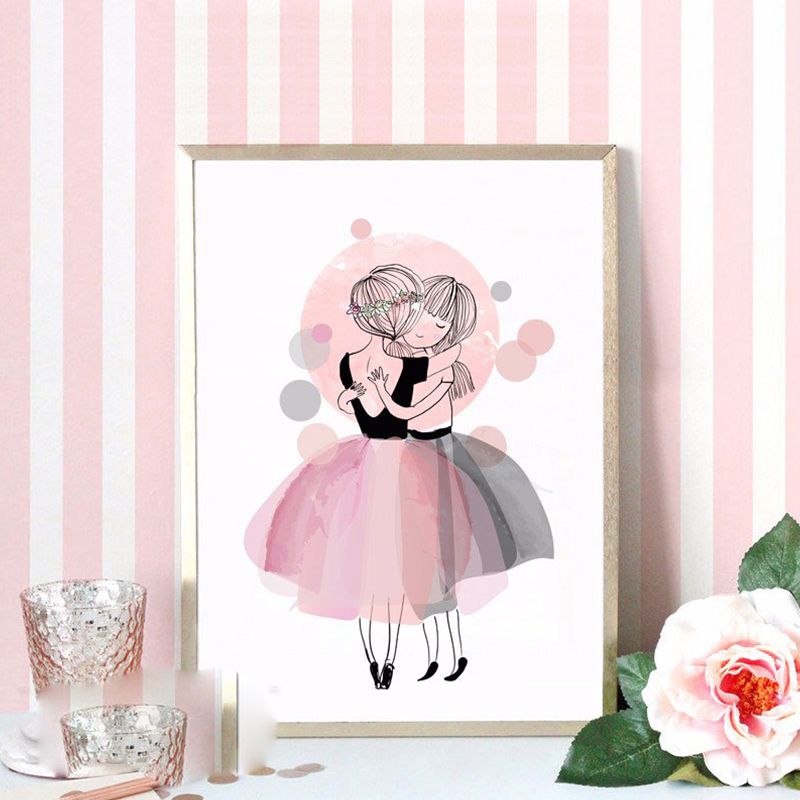 Toile imprimée de figurines d'art pour enfants, couleur douce, dessin de fille, décor mural pour chambre à coucher