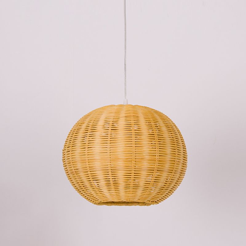 1 Bulb Restaurant Pendulum Light Chinese Beige Hanging Pendant with Globe Bamboo Shade