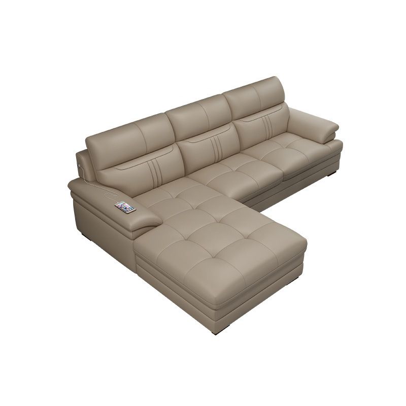 Contemporary Stationary Cream Genuine Leather Recessed Arm Sofa
