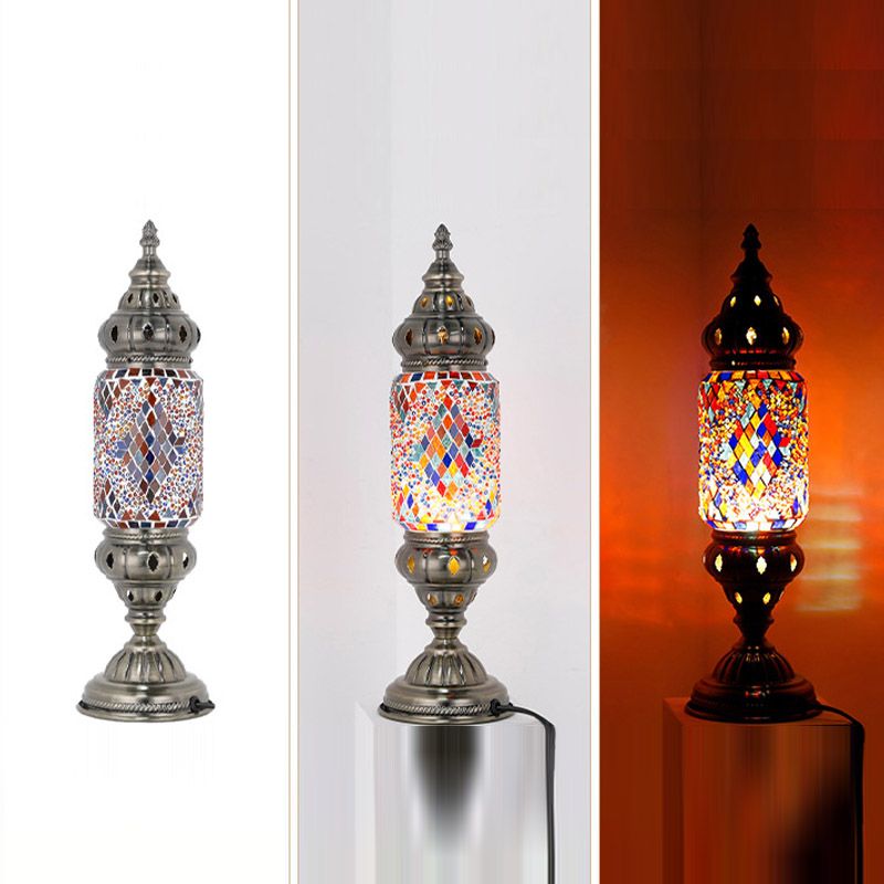Moroccan Cylindrical Table Light 1-Bulb Handcrafted Mosaic Glass Night Stand Lamp