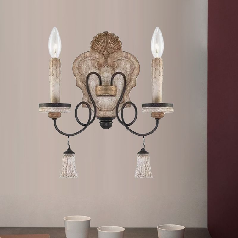 Lámpara de pared de salón con 2 luces de madera de campo estilo vela negra/blanca