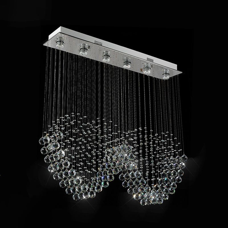 W Shaped Crystal Ceiling Lamp Modernism 6-Light Dining Room Flush Mounted Light in Stainless Steel
