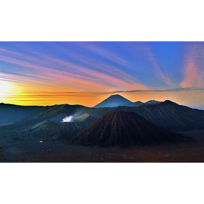 Volcano Hills with Sunlight Mural Blue Modernist Wall Art for Bedroom, Custom Made