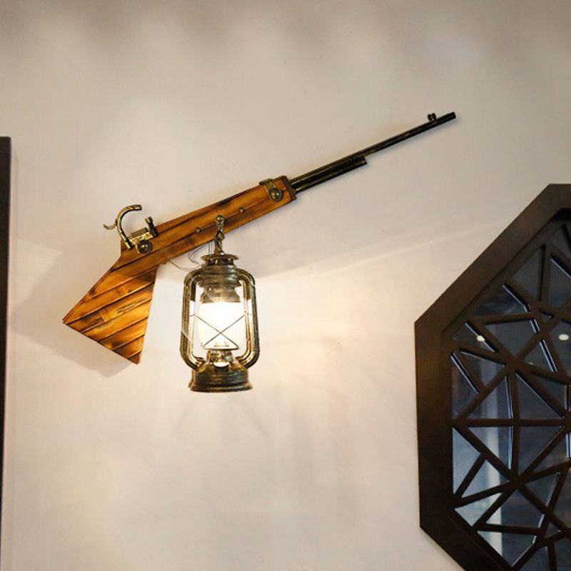 1 Bulb Lantern Wall Mounted Light Fixture Coastal Bronze Clear Glass Lighting with Gun Decoration