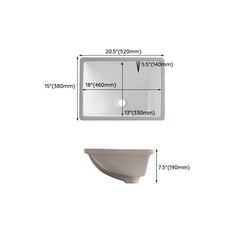 Traditional Undermount Vanity Sink Rectangular Porcelain with Pop-Up Drain Basin Sink