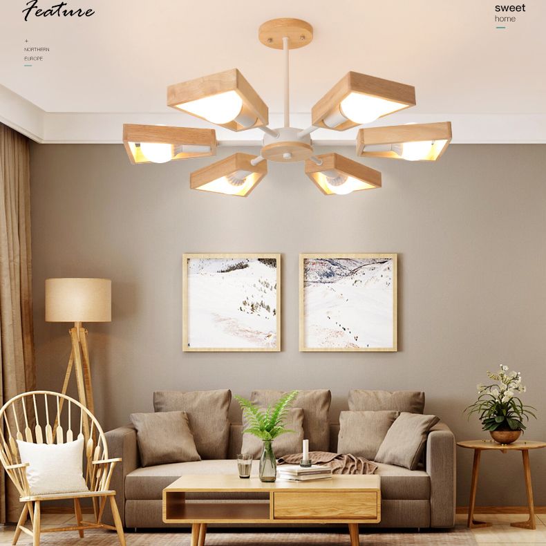 Ultra-modern Sputnik Hanging Chandelier Wood Hanging Lamp with Hanging Cord for Restaurant