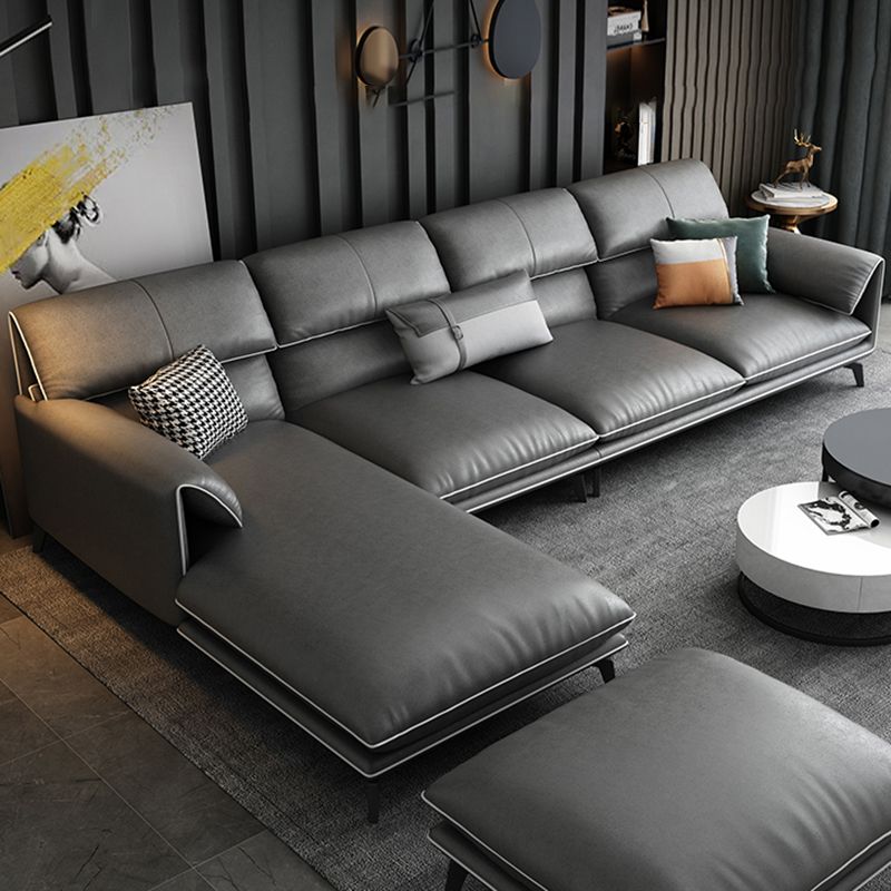 35"H Contemporary Sectional Sofa Leather Grey Stationary Sectionals