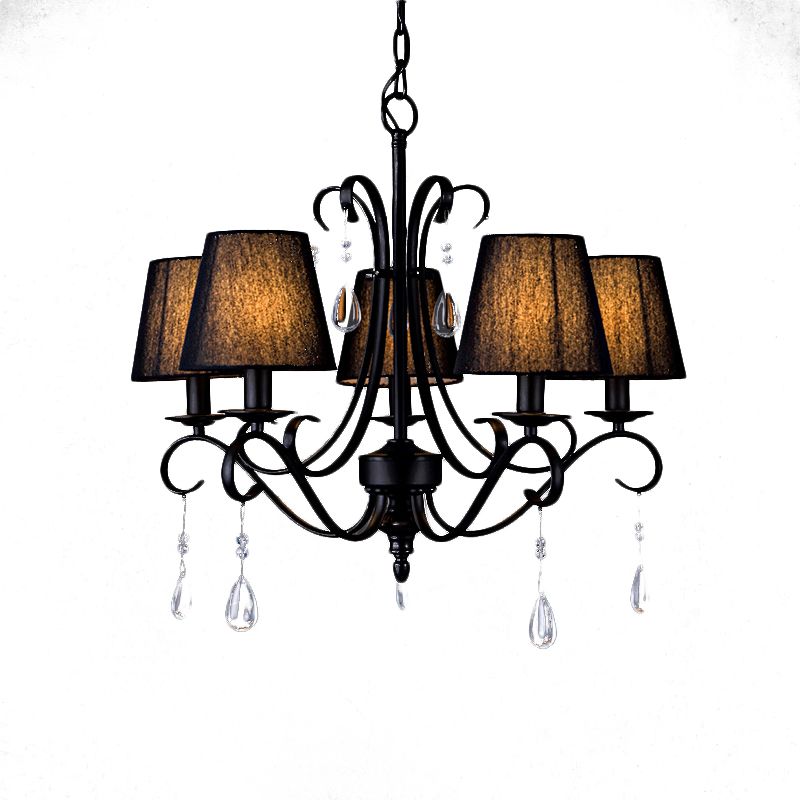 Black Conical Suspension Pendant Rustic Fabric 5 Lights Living Room Chandelier with Swirl Arm and Crystal Drop