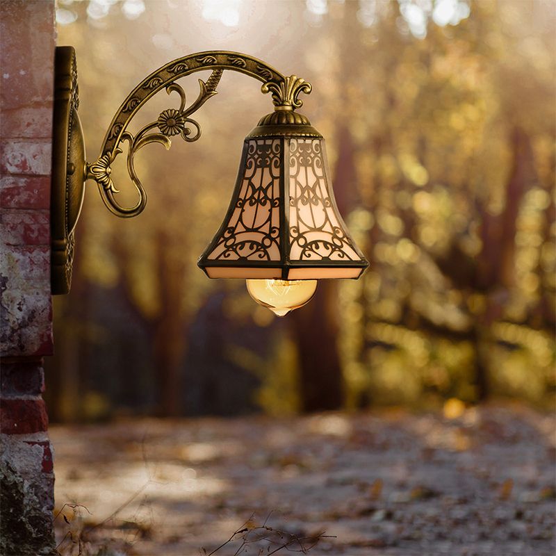 Art Glass Bell Wall Light with Carved Arm 1 Head Vintage Tiffany Wall Lamp in Black for Outdoor