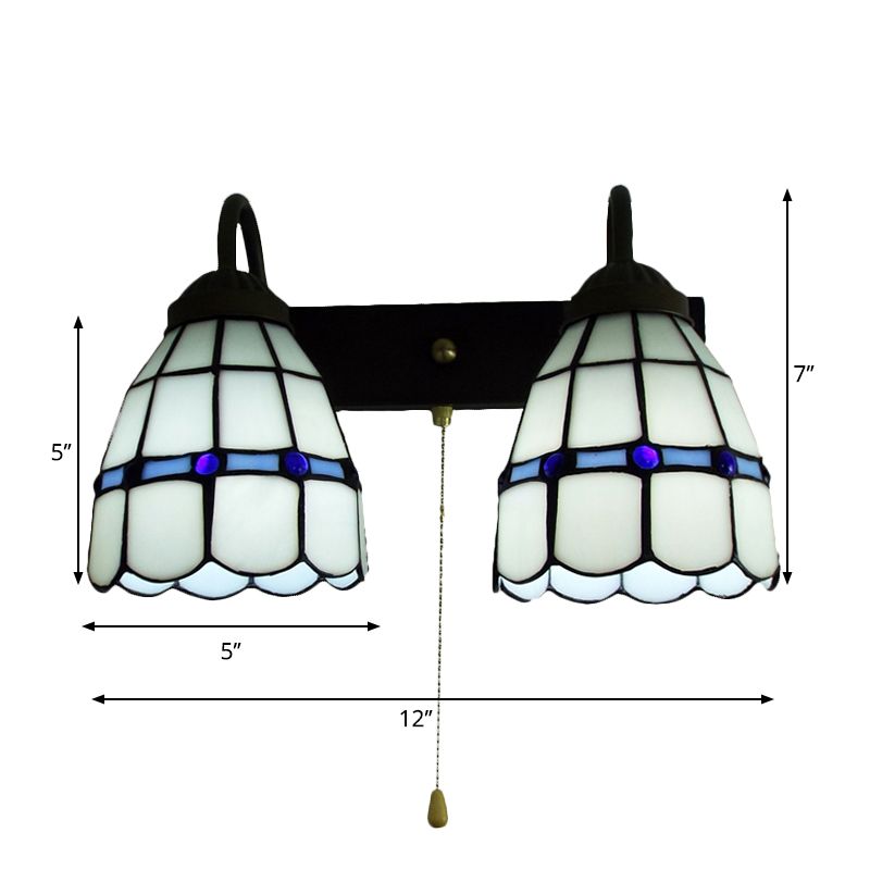 1 Head Sconce Light Tiffany Grid Patterned White Glass Wall Mounted Light with Pull Chain