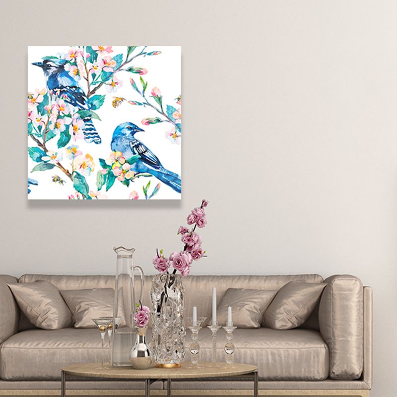 Bright Color Childrens Art Painting Bird and Flower Branch Canvas Print for Dining Room