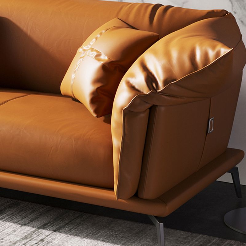Genuine Leather Modern Orange Sofa Tuxedo Arm Sofa with Pillows