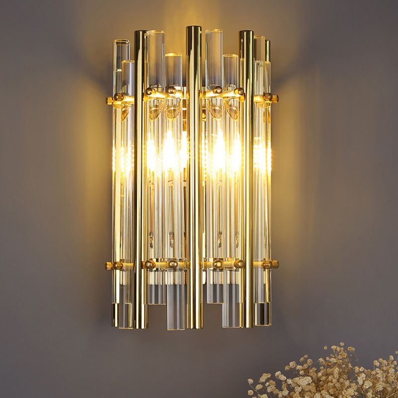 Tubular Wall Sconce Modernist Style Clear Crystal and Metal 1 Light Golden Wall Lighting for Bedroom