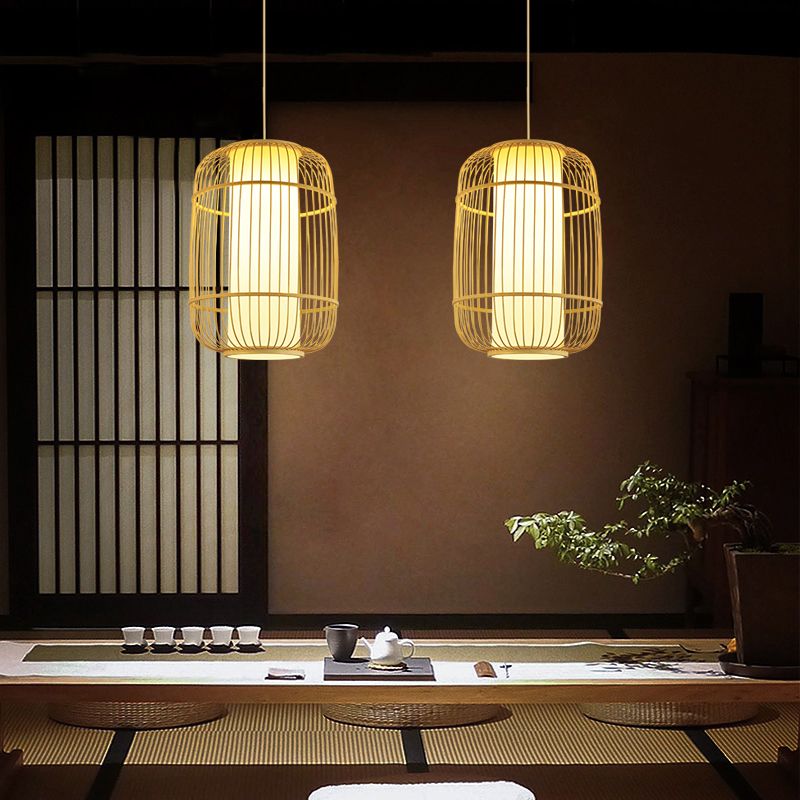 Birdcage Suspension Lighting Minimalist Bamboo 1 Head Restaurant Pendant Ceiling Light in Wood