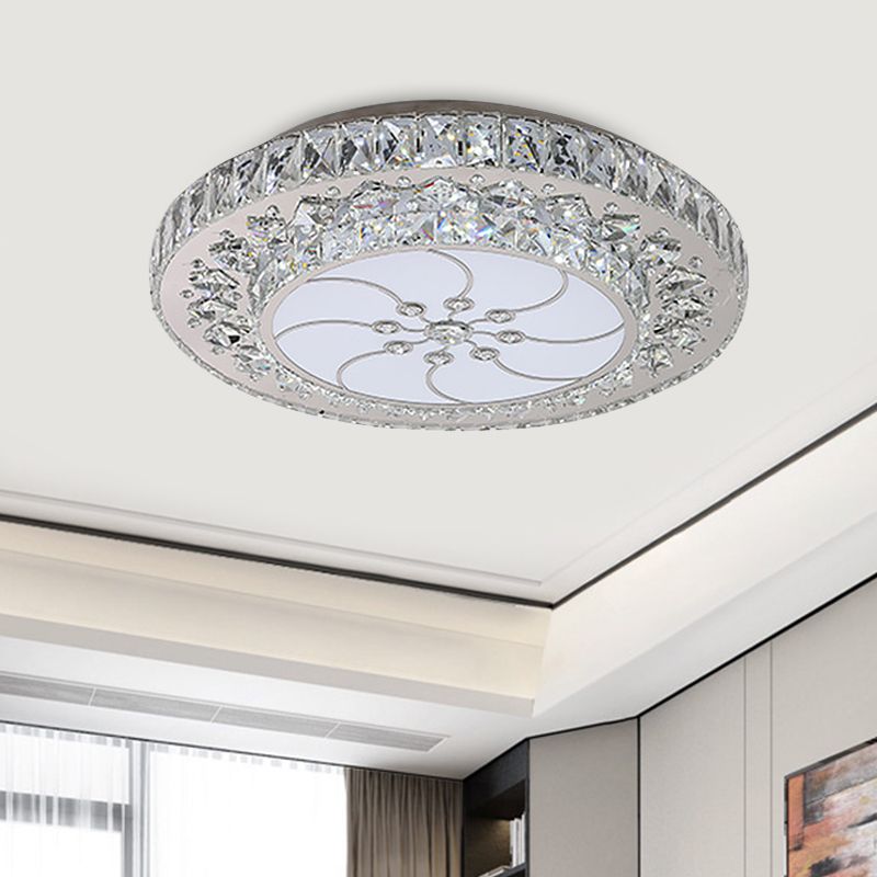 LED Drum Plafond Gemonteerde Armatuur Hedendaagse Nikkel Finish Clear Crystal Flush Mount met spiraal patroon
